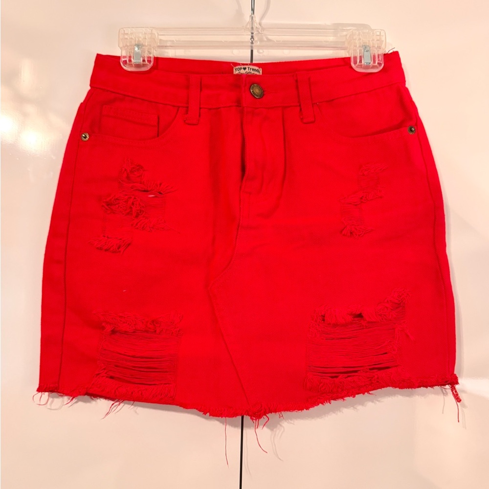 Top Trends Red Distressed Denim Mini Skirt